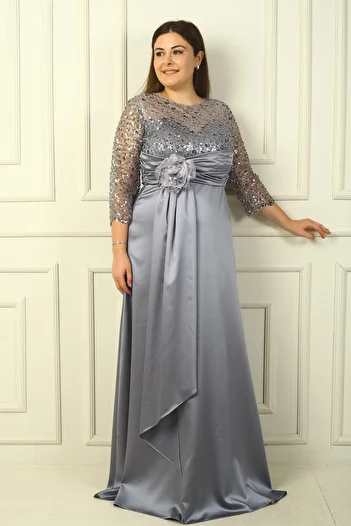 By Saygı Women's Floral Bottom Satin Top Gritel Lined Plus Size Long Dress