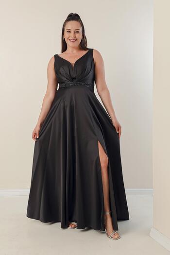 By Saygı V-Neck Thick Strap Waist Beaded Lined Plus Size Satin Long Dress