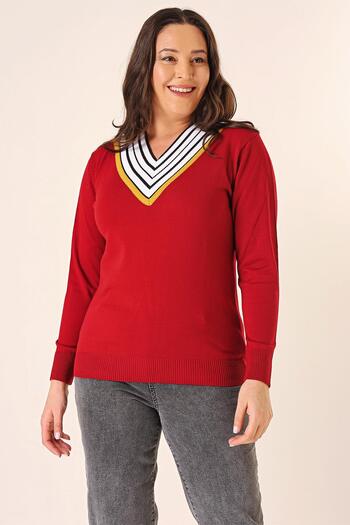 By Saygı Striped V-neck Large Size Knitwear Sweater