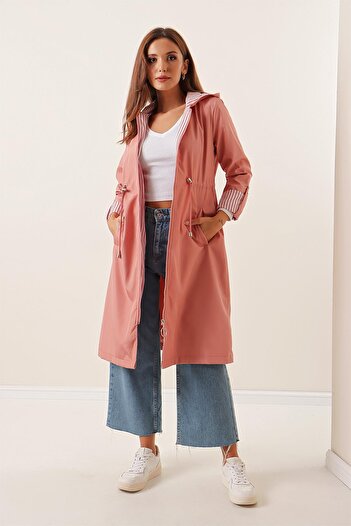 By Saygı Lined Hooded Trench Coat with Striped Fold Sleeves and Gathered Waist