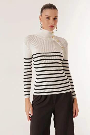 By Saygı Blazer Striped Buttoned Turtleneck Sweater