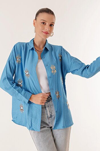 By Saygı Sequin Embroidered Eye Pattern Oversized Crepe Linen Shirt