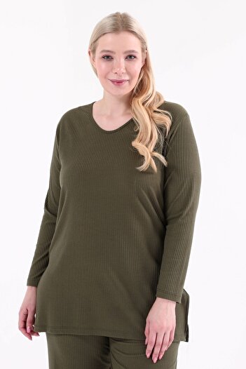 tarzımsüper Large Size Side Slit Double Suit with Corded Comfortable Trousers Tunic 2-Piece Stylish Bottom-Top Set