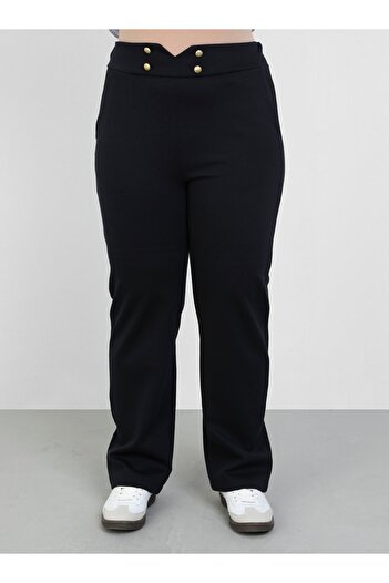 ALİA Navy Blue Large Size Knitted Trousers - Button Detail - Alia