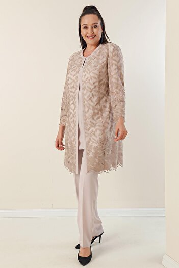 By Saygı Beaded Embroidered Laced Lined Jacket Blouse Trousers Plus Size 3-Piece Crepe Suit