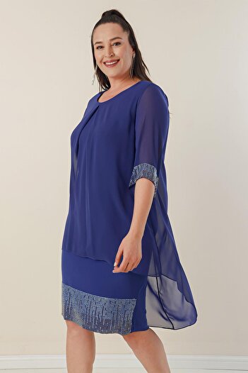 By Saygı Plus Size Short Dress with Chiffon Top and Bead Detail on the Sleeve and Hem