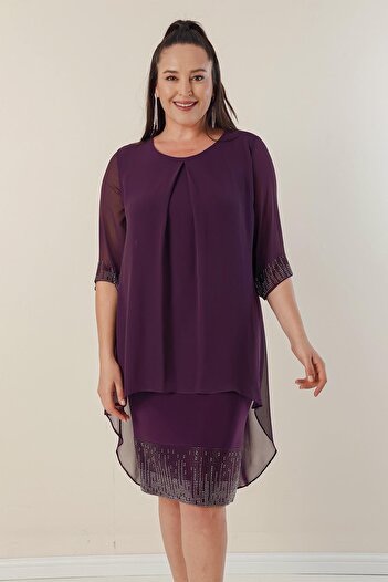 By Saygı Plus Size Short Dress with Chiffon Top and Bead Detail on the Sleeve and Hem