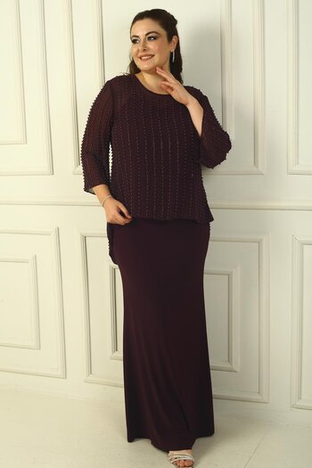 By Saygı Plus Size Beaded Chiffon Blouse and Long Sandy Dress - Rope Strap and Buttoned Back 2-Piece Set