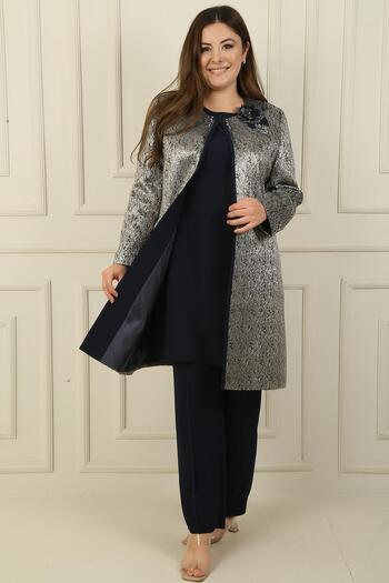 By Saygı Plus Size 3-Piece Set - Sleeveless Slit Blouse, Bead Detailed Lined Long Jacquard Jacket and Trousers