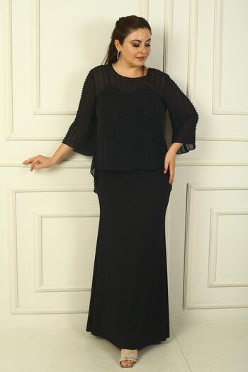 By Saygı Plus Size Beaded Chiffon Blouse and Long Sandy Dress - Rope Strap and Buttoned Back 2-Piece Set