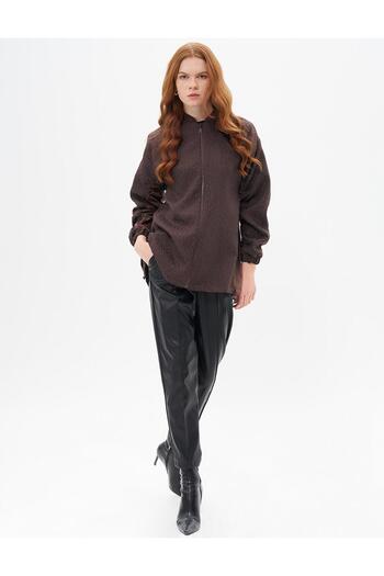 Kayra Dark Brown Garnished Abstract Patterned Jacket