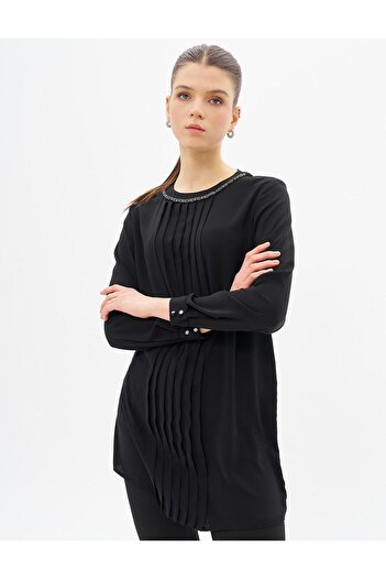 Kayra Crew Neck Tunic - Ribbed Detail, Black