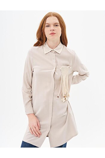 Kayra Natural Fabric Tunic - Macrame Detail and Stone Color