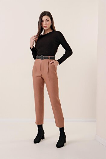 By Saygı Elastic Waist Belted Wool Effect Trousers