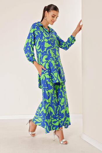 By Saygı Elastic Waist Pocketed Skirt Pants Long Shirt Shawl Patterned Oversize Set of 2