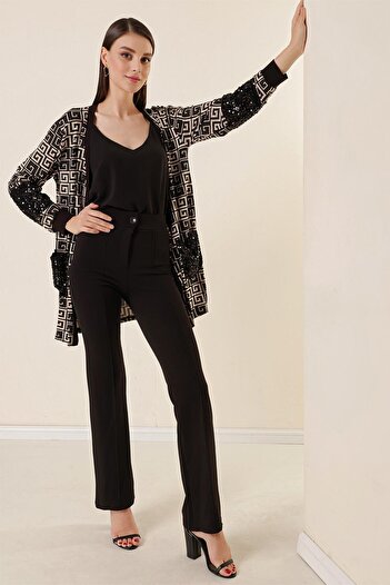 By Saygı High Waist Knitted Crepe Patchwork Palazzo Trousers Black