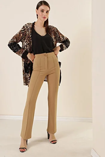 By Saygı High Waist Knitted Crepe Patchwork Palazzo Trousers Mink
