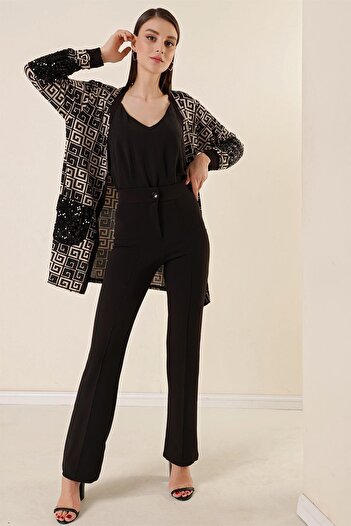 By Saygı High Waist Knitted Crepe Patchwork Palazzo Trousers Black