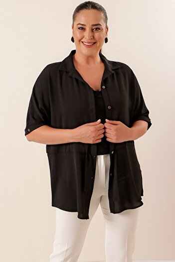 By Saygı Large Size Ayrobin Tunik Shirt with Belted Waist and Buttoned Front