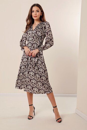By Saygı Double-Breasted Neckline Pleated Lace-Up Waist Lined Patterned Satin Dress