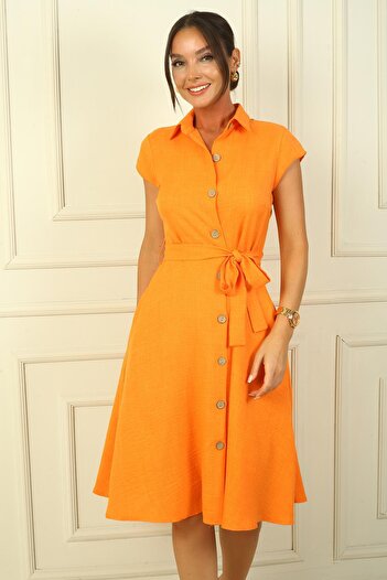 By Saygı Front Buttoned Waist Belted Pocketed Linen Effect Dress