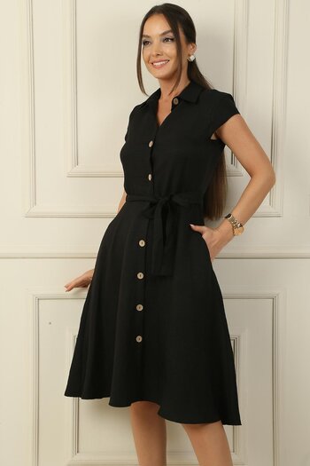 By Saygı Front Buttoned Waist Belted Pocketed Linen Effect Dress