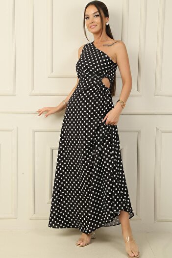 By Saygı Women's One Shoulder Side Window Polka Dot Long Crepe Satin Dress