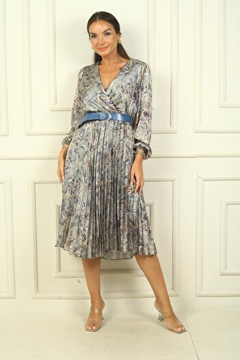 By Saygı Satin Women's Dress - Double Breasted Collar, Belt and Lining, Shawl Patterned Pleated