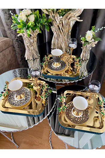 atabey home collection 6 ADET Kahve & Çay & Sunum Tepsisi Gold Tepsi YEŞİL ZEYTİN DALI DÖKÜMLÜ