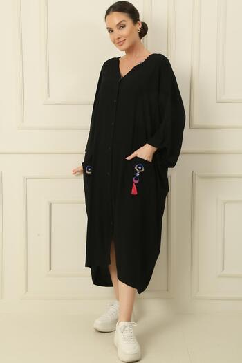 By Saygı V-Neck Tassel Double Pocket Embroidered Oversize Comfortable Fit Long Viscose Dress