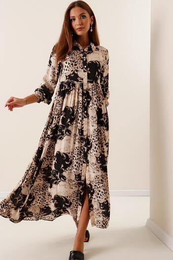 By Saygı Print Viscose Long Shirt Dress