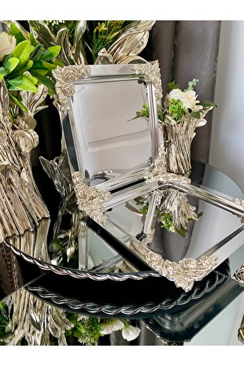 atabey home collection 4 ADET Kahve & Çay & Sunum Tepsisi Metal Döküm Kare Gül Gümüş Model