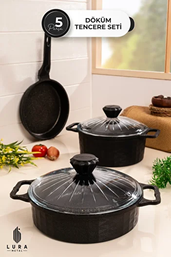 Skygo 5 Pieces Granite Cast Black Cookware Set - 3 Layers Granite Finish 27 cm
