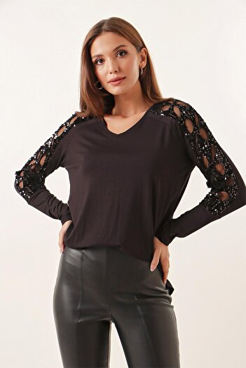 By Saygı Μπλούζα με λαιμόκοψη με λαιμόκοψη Laser Sequin Relaxed Cut Lycra
