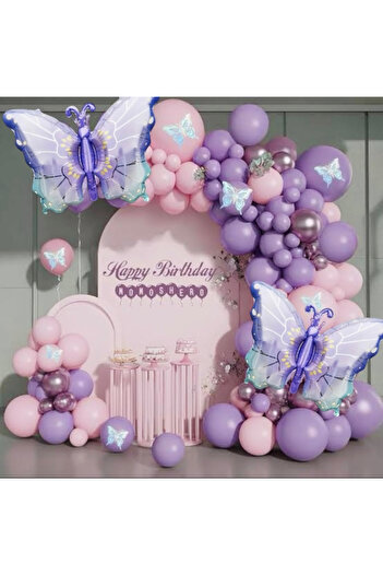 Çemrek Süs Parti Purple Pink Balloon Chain Set with Butterfly Foil Balloons 101 Pieces
