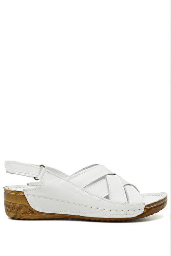 GÖNDERİ(R) Women / Girls White Gön Genuine Leather Women's Wedge Sandals 42310