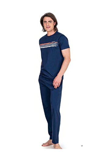 Pierre Cardin 6048 Men's Short Sleeve Combed Cotton Pajama Set-Indigo