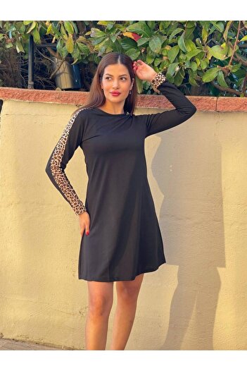 EyesOf   Women's Long Sleeve Crew Neck Sleeves Leopard Detail Two Thread Mini Length Dress