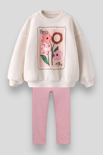 Magu Floral Applique Pattern Winter Sweatshirt Leggings Bottom-Top Set Girl's