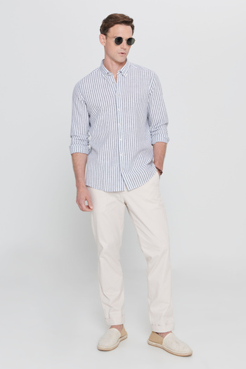 ALTINYILDIZ CLASSICS Men's White-Khaki Slim Fit Slim Fit Button-Down Collar Striped Linen Shirt