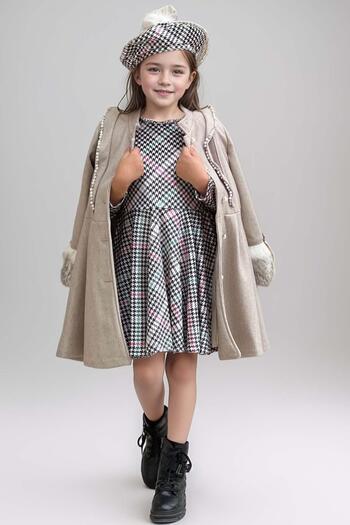 Riccotarz Girls' Pearl Embroidered Plush Sleeves Houndstooth Print Dress - Belted Cashew Coat