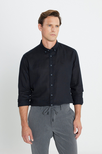 ALTINYILDIZ CLASSICS Men's Black Comfort Fit Relaxed Fit 100% Linen Buttoned Lapel Shirt