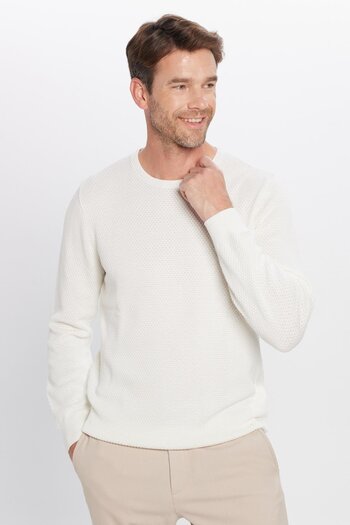 Tudors Men's Slim Fit Slim Fit Crew Neck Honeycomb Print White Knitwear Sweater