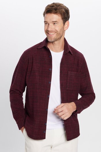 Tudors Men's Classic Fit Regular Fit Lumberjack Single Pocket Dobby Burgundy Winter Shirt