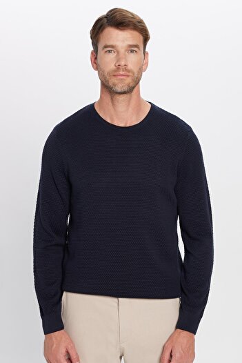 Tudors Men's Slim Fit Slim Fit Crew Neck Honeycomb Patterned Navy Blue Knitwear Sweater