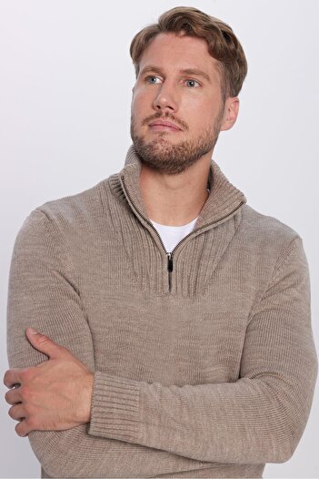 Tudors Men's Slim Fit Slim Fit Dobby Zippered Brown Stand Collar Knitwear Sweater