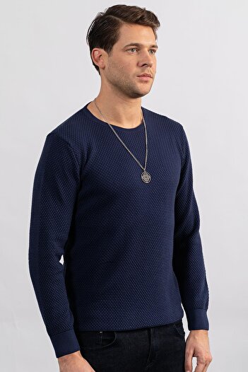 Tudors Men's Slim Fit Narrow Cut Crew Neck Honeycomb Patterned Sweater