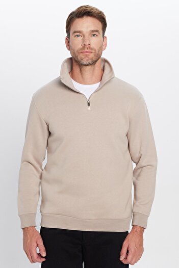 Tudors Cotton Fleece Unisex Sweatshirt - Comfortable Fit, Half Zipper, Stone Color Stand Collar