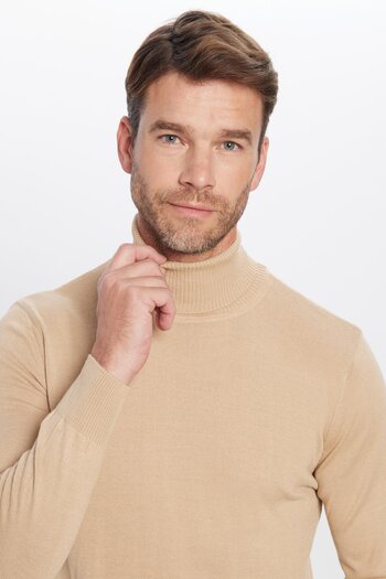 Tudors Men's Slim Fit Slim Fit Full Turtleneck Solid Wool Cream Color Knitwear Sweater