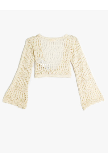 Koton V-Neck Long Sleeve Openwork Crop Cardigan